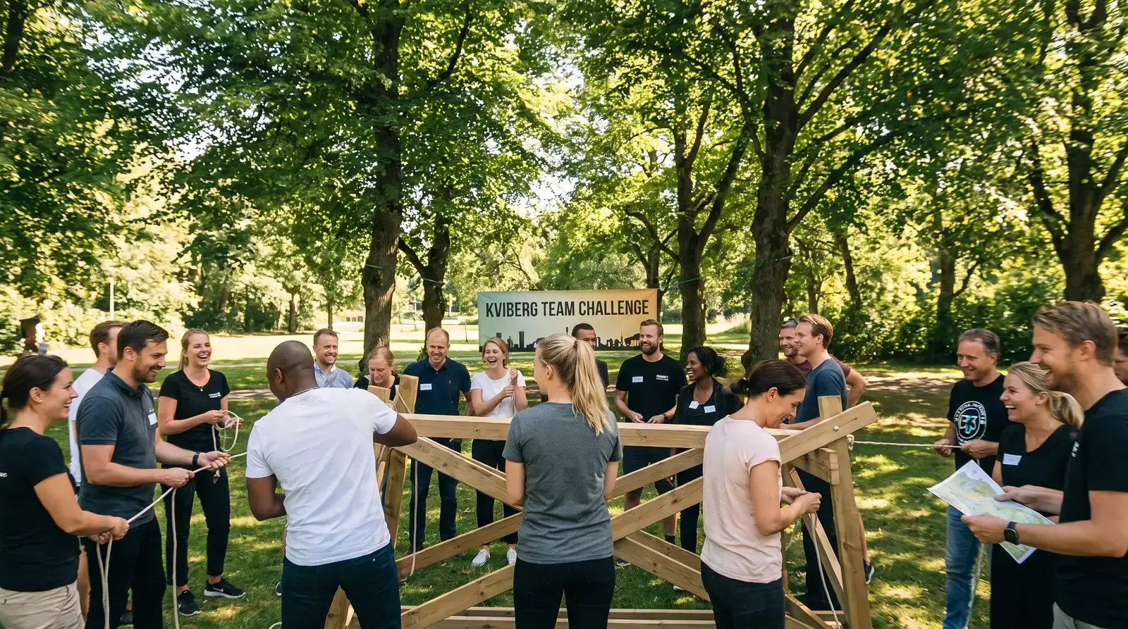 En grupp människor deltar i Kviberg Team Challenge utomhus i park.