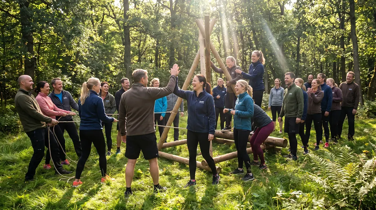 En grupp människor genomför teambuilding-aktiviteter i en skog.